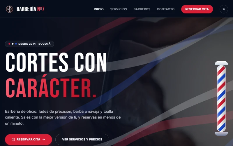 Home page of the Barbería Nº7 demo with the headline “Cortes con carácter.” (Cuts with character.)