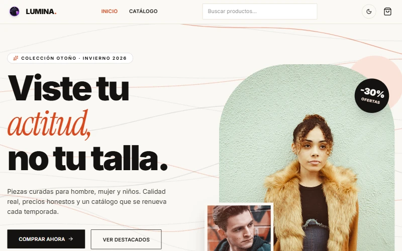 Home page of the Lumina demo with the headline “Viste tu actitud, no tu talla.” (Wear your attitude, not your size.)