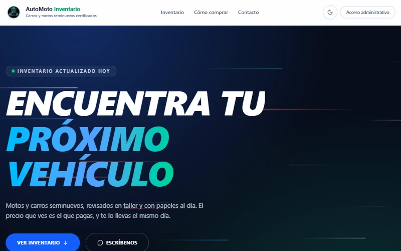 Home page of the AutoMoto demo with the headline “Encuentra tu próximo vehículo” (Find your next vehicle) and the count of available units