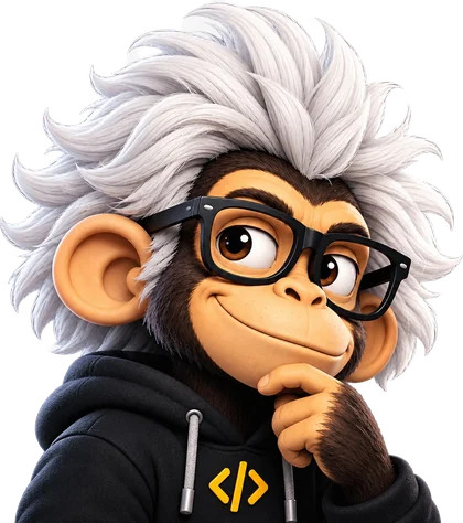 The ChangosDev mascot: a thoughtful white-haired monkey with glasses, wearing a black hoodie with the code symbol