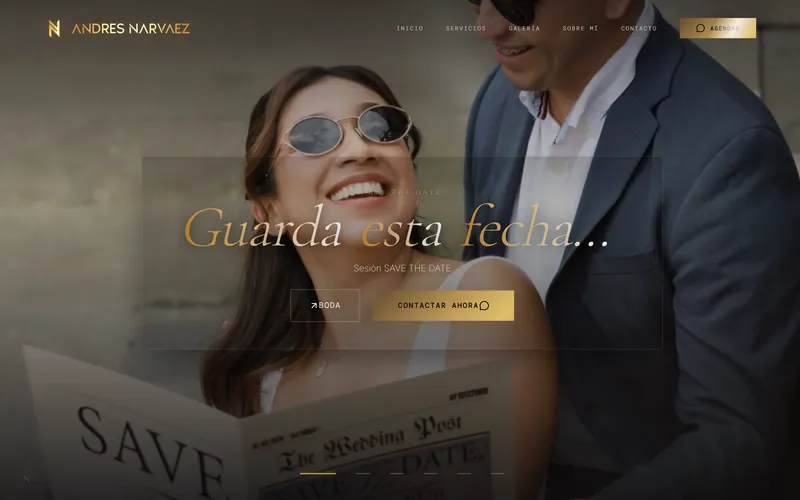 Portada de Andrés Narváez Fotografía con una sesión de pareja y el titular «Guarda esta fecha»