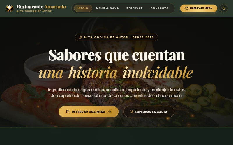 Home page of the Restaurante Amaranto demo with the headline “Sabores que cuentan una historia inolvidable” (Flavors that tell an unforgettable story)
