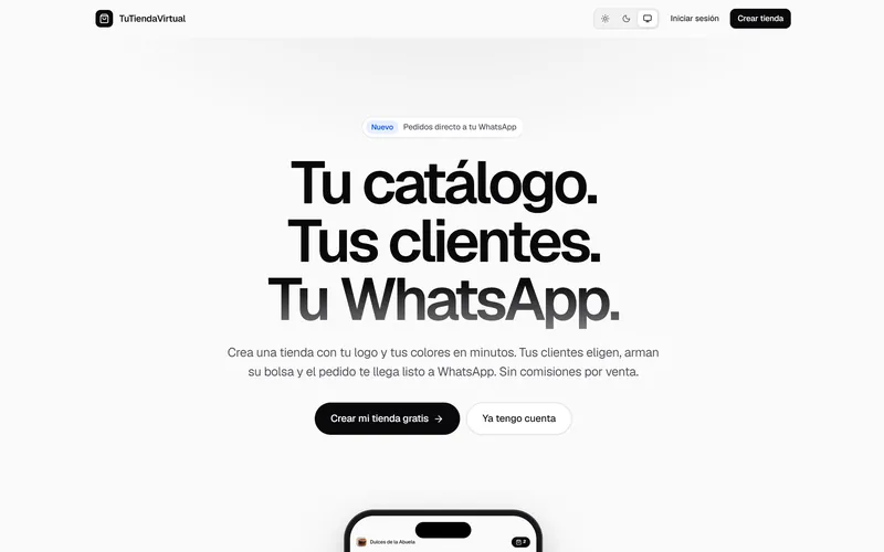 Página principal de TuTiendaVirtual con el titular «Tu catálogo. Tus clientes. Tu WhatsApp.»